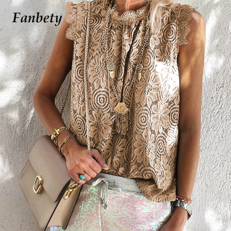 

Summer New Design Women Shirts Elegant Embroidery Flower Lace Blouse Fashion Sexy O-Neck Sleeveless Tops Pullovers Lady Blusa