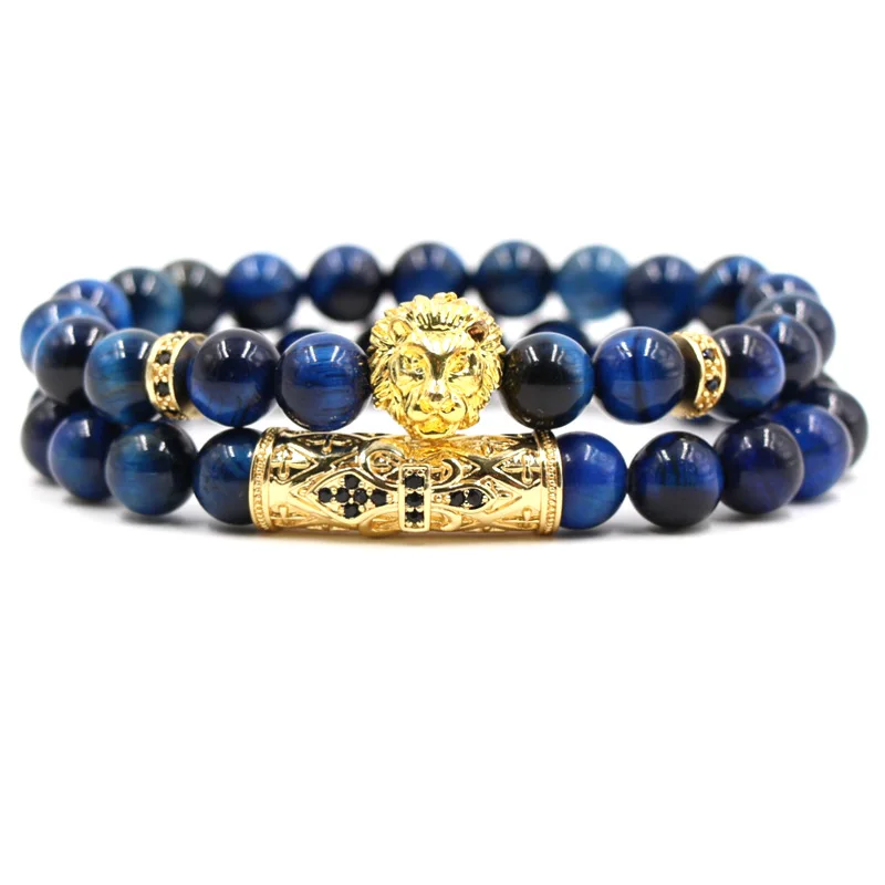8mm Natural Stone Classic Micro Inset Zircon Curved Tube Skull Charm Elastic Beads Bracelet Women Men Bangle Jewelry 2/Set | Украшения и