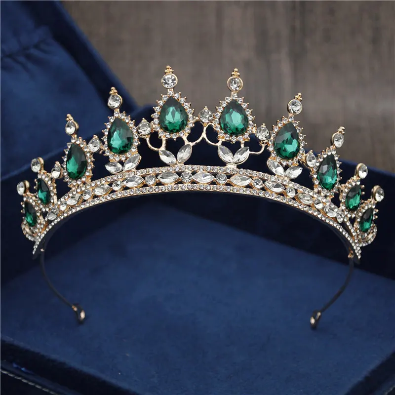 Gold Green Новая Винтажная тиара в стиле барокко, корона для королевы невесты, розовые хрустальные короны, свадебные модные украшения для волос, свадебные аксессуары - Окраска металла: Gold Green