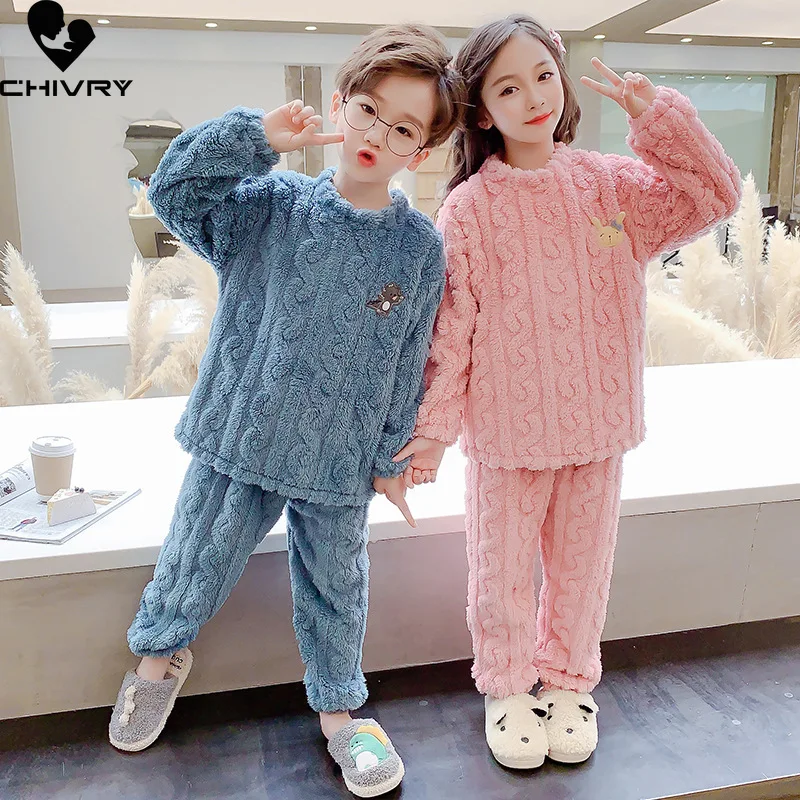 New Kids Soft Flannel Pajama Sets Boys Girls Autumn Winter Thicken Warm Home Wear Children Long Sleeve Sleeping Clothing Sets