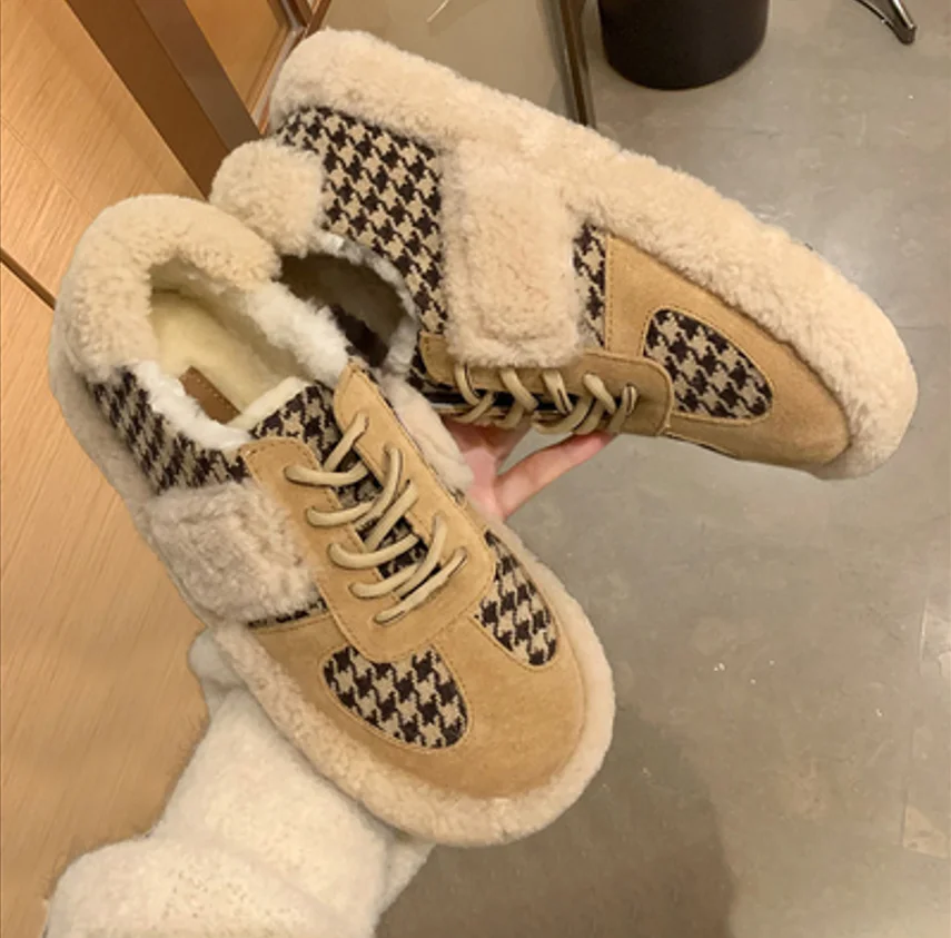 

Женская теплая клетчатая обувь со шнуровкой, на толстой подошве, с бархатным мехом, Повседневная зимняя обувь, 2021