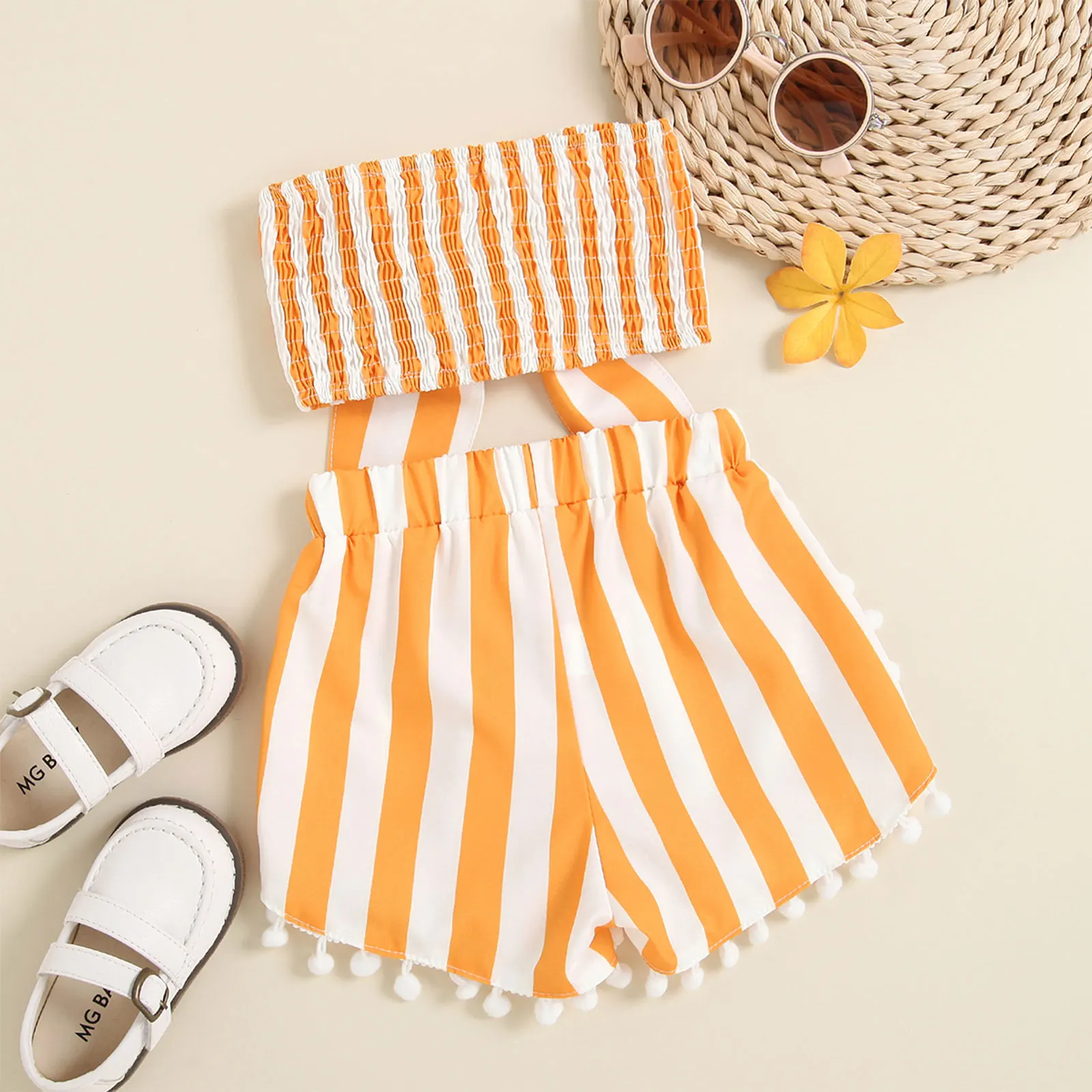 

Infant Kid Girls Casual Two-piece Clothes Set, Orange Stripe Printed Pattern Sleeveless Crop Tops and Shorts with Tassels 1-6T