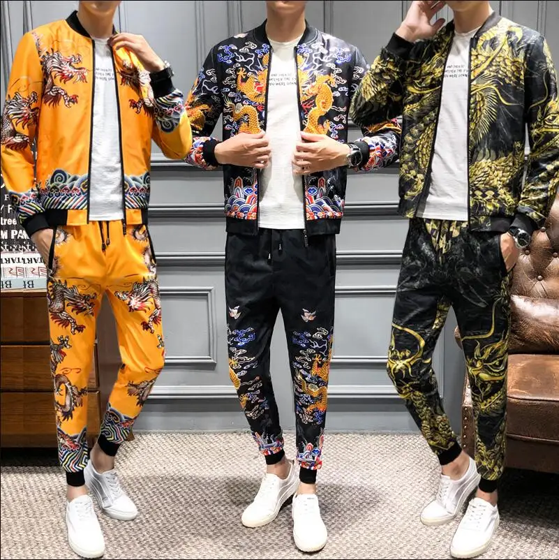 

Повседневные мужские спортивные костюмы больших размеров 5xl, роскошный золотистый спортивный костюм с принтом Dargon, 2 шт., мужская одежда 2019
