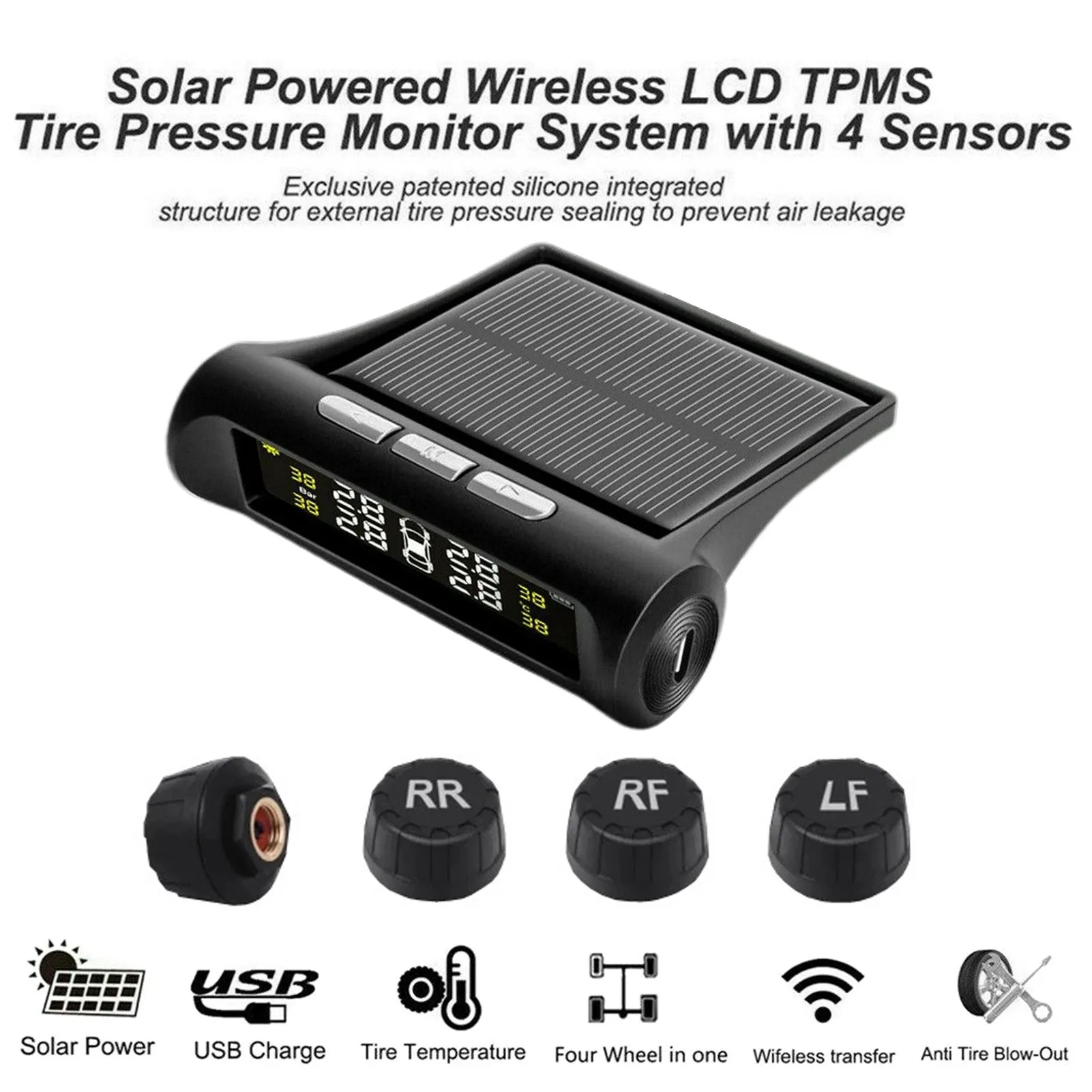 

Wireless Solar Power TPMS Car Tire Pressure Alarm Monitoring System LCD Display Auto Tire Security Testor Tyre Pressure Warning