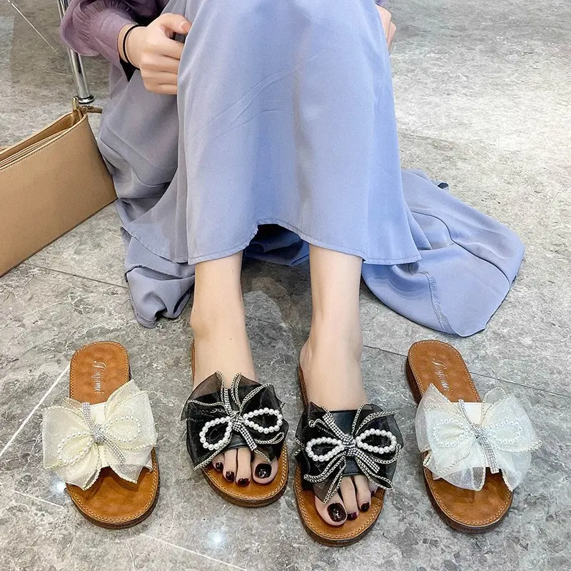 

Female Shoes Slippers Soft Slides Low Fashion Butterfly-Knot 2021 Comfort Luxury Flat Summer Butterfly-knot Rubber PU Basic