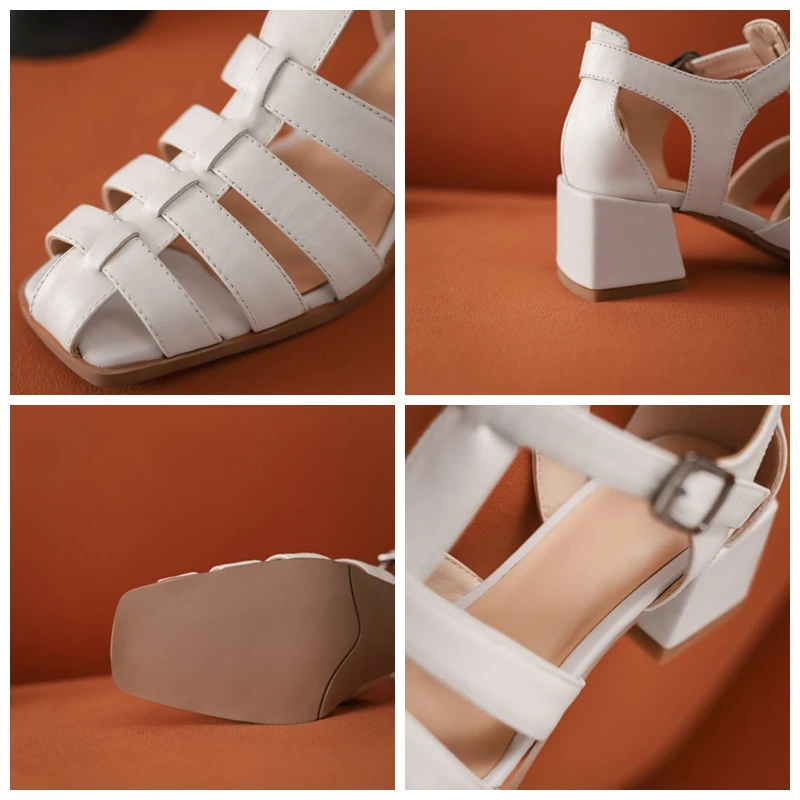 

SIMLOVEYO 2021 Square Toe Buckle Summer Female Roman Sandals Cut Out Genuine Leather Casual Sandals Square High Heel Women Shoes