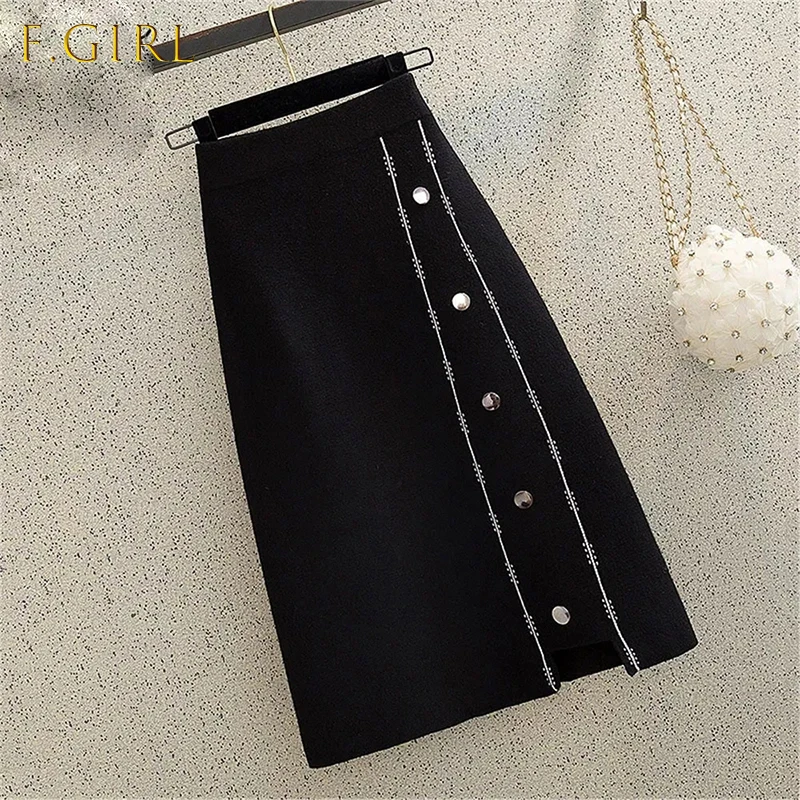 

Black Striped Single Breasted Buttons Hollow Out Knitted Skirt Vintage Aesthetic Elegant A-Line Sukienka Elastic High Waist Saia