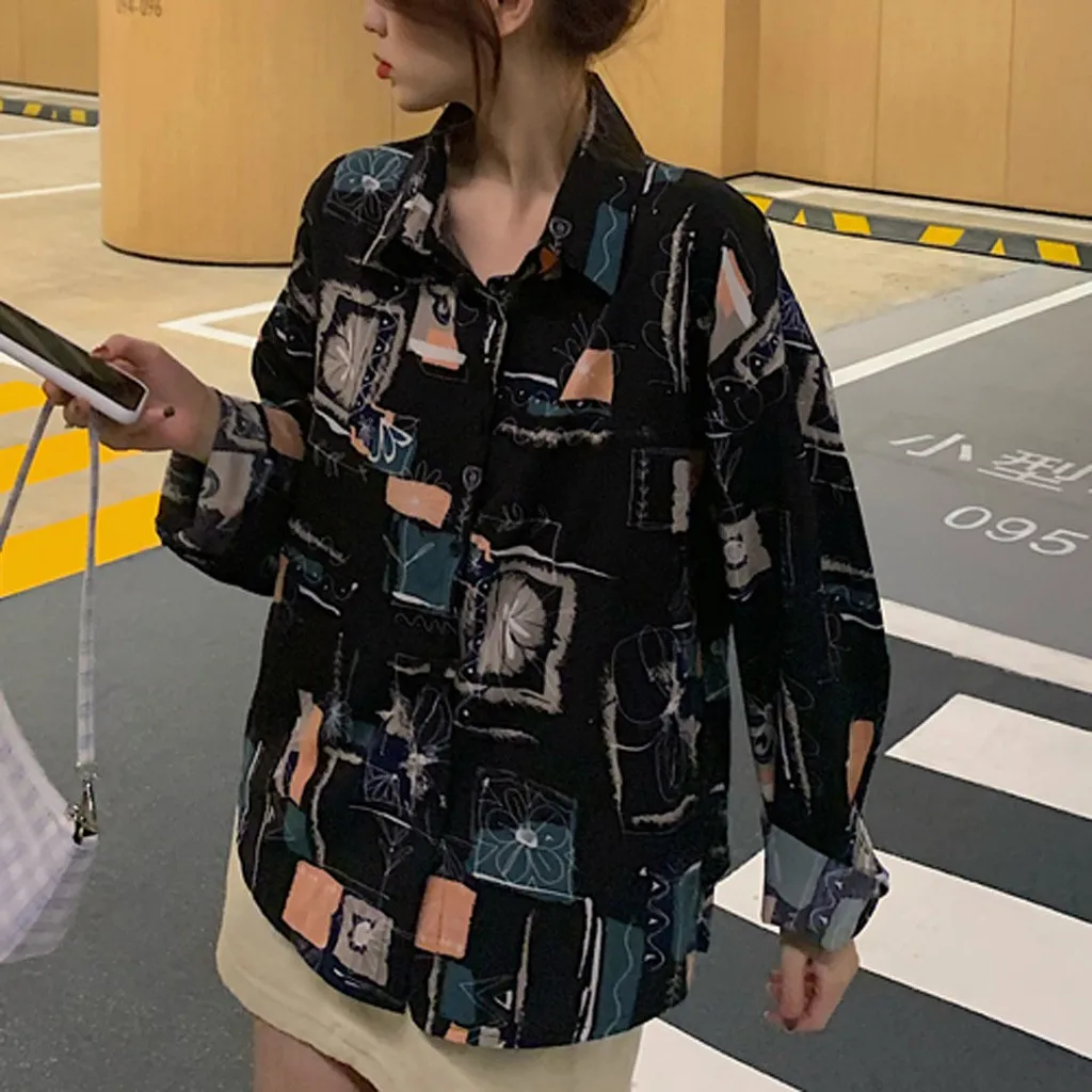 Блузка женская с геометрическим принтом длинным рукавом и отложным воротником |