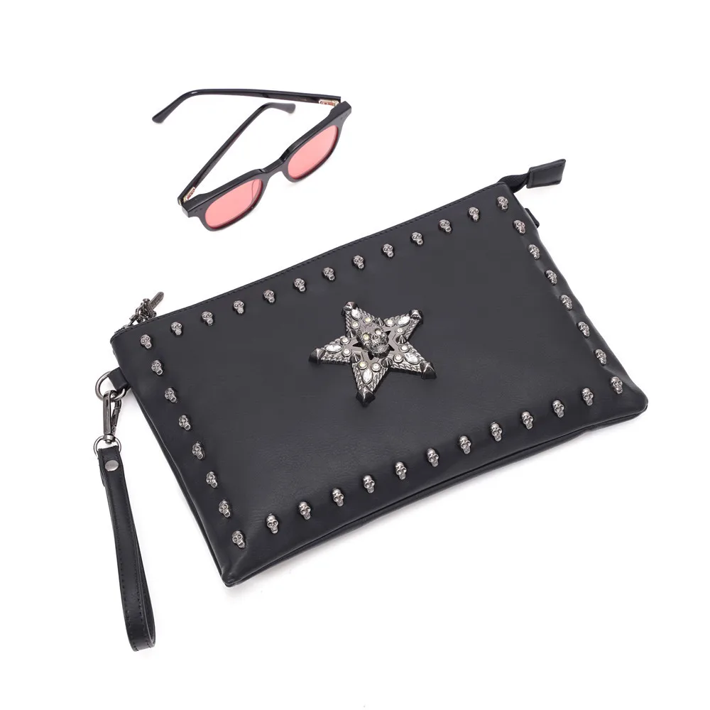 

Korean Style Men's Cluth Bags Leather Handbags for Men Purses Rivet Envelope Cluth Purse Fashion Men Bag Zipper Bolso De Hombre