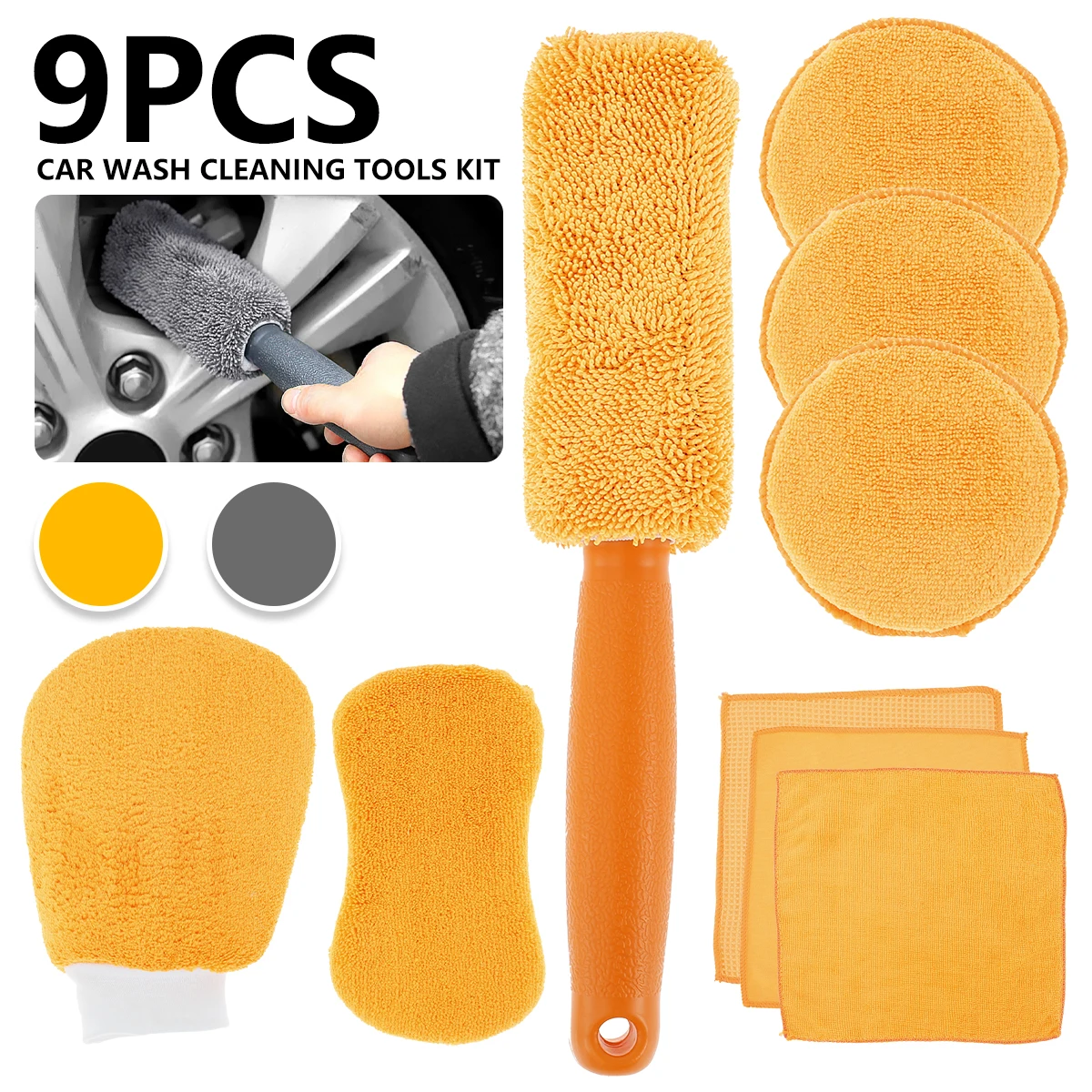 

9Pcs Car Microfiber Washing Sponge Glove Towel Wheel Brush Cleaning Tools Kit Auto Wash Mitt Wash Gloves Car Care