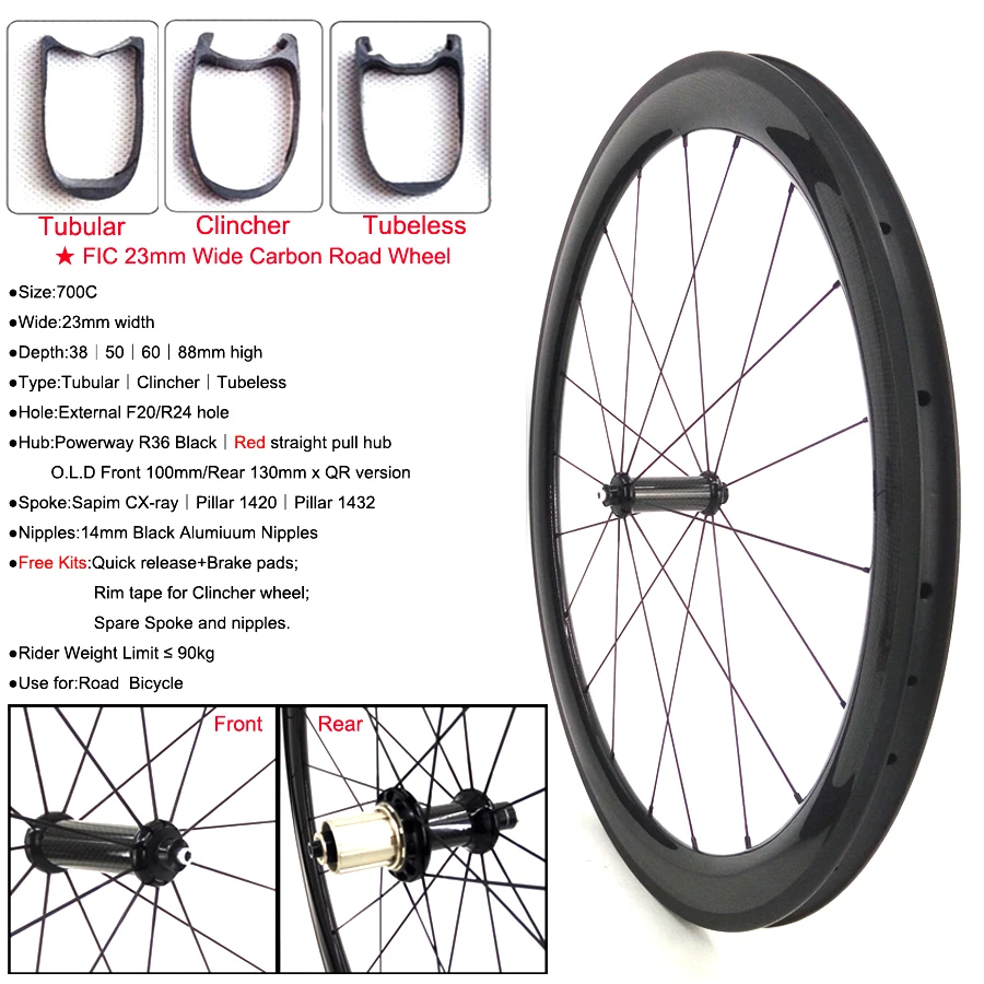 FIC 38 50 60 88mm deep Powerway R36 Straight pull hub wheel 23mm wide Tubular Clincher Tubeless 700c Carbon Road Bike Wheelset | Спорт и