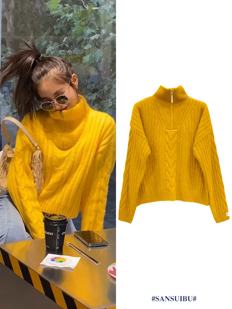 

Vintage Zipper Turtleneck Pullover Sweater Women's Autumn and Winter Loose High Waist Short Knitwear Top Long-sleeve Knitwear
