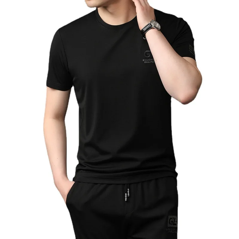 

New summer short sleeve t-shirt men's thin hoodless trousers casual viscose black sweater suit
