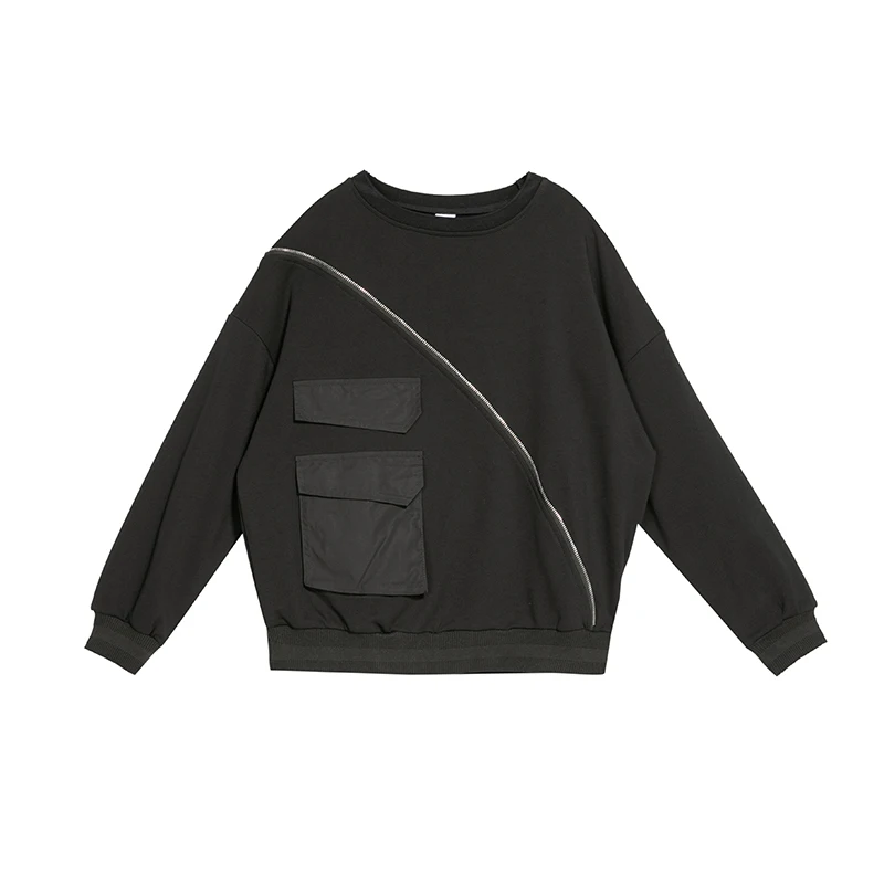 

Patchwork Zipper Black T-Shirt Women New O-Neck Long Sleeve Pocket Loose Casual Tee Tshirt Femme Tops Fashion Spring Autumn 2021