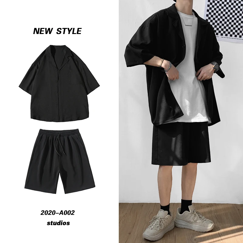 

New Summer Korean Style Men's Set Suit Jacket and Shorts Solid Thin Short Sleeve Single Pocket Knee-Length Clothing Man