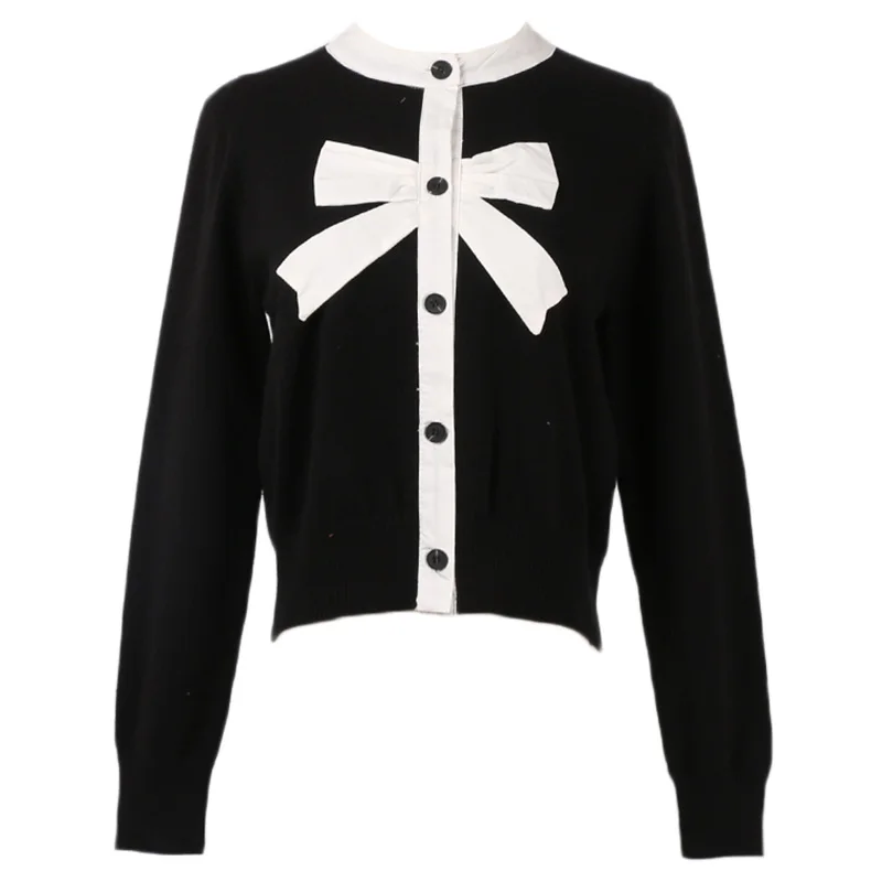 Женский вязаный кардиган с бантом черный и белый контрастных цветов воротником