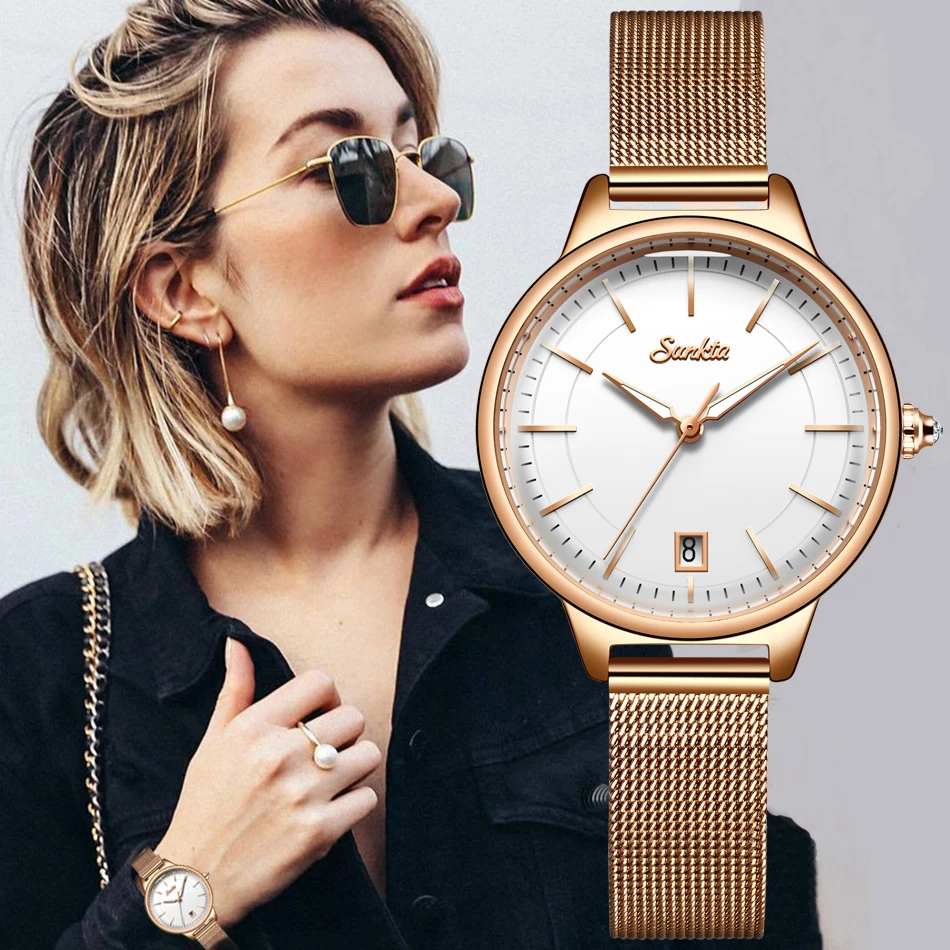 

SUNKTA Women Watches Top Brand Luxury Ladies Mesh Belt Ultrathin Watch Stainless Steel Waterproof Clock Quartz Watch Reloj Mujer