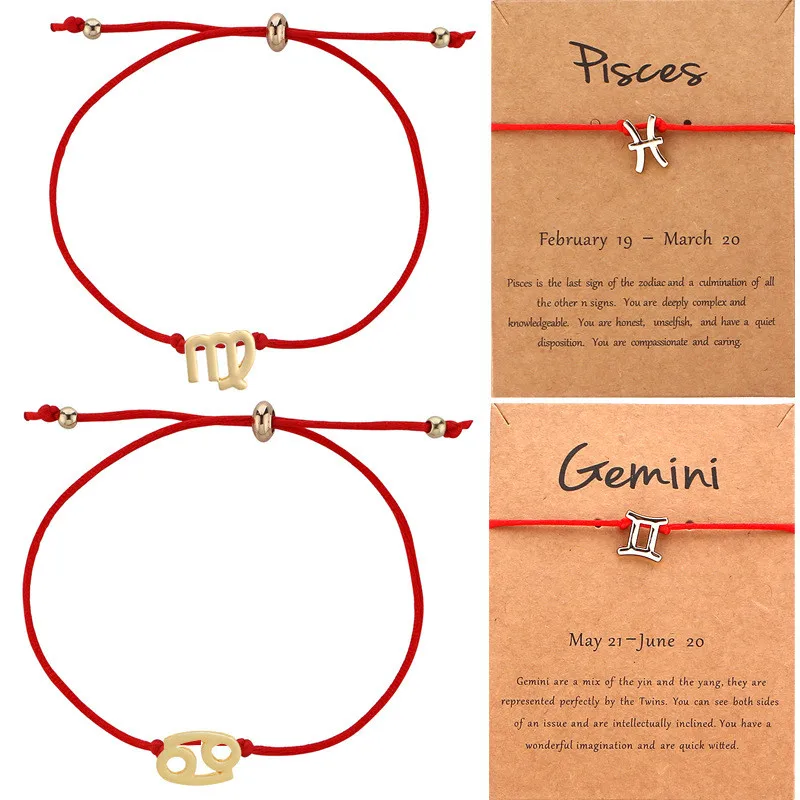 Модные регулируемые браслеты из красной веревки с 12 созвездиями золотистые и