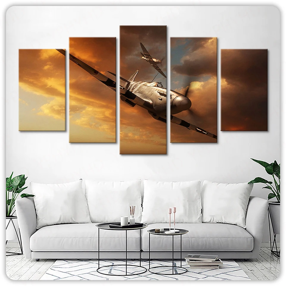 

Canvas HD Printed Pictures Wall Artwork 5 Panel Aircraft Landscape Painting Home Decoration Modular Poster For Bedroom Framework