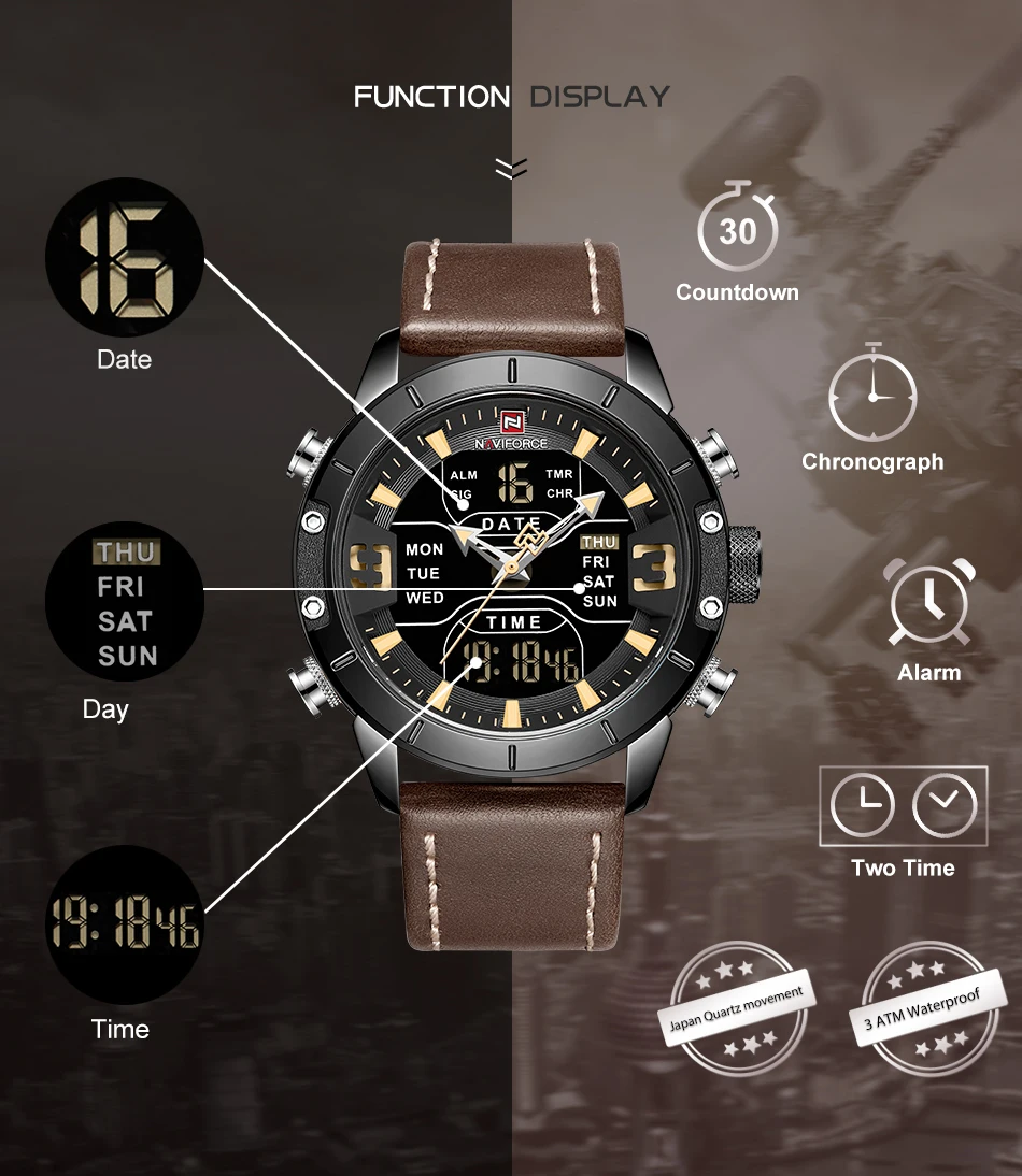 Люксовый бренд NAVIFORCE Модные кварцевые мужские часы военные наручные часы спортивные мужские часы светодиодный цифровые водонепроницаемые часы Reloj HOmbre