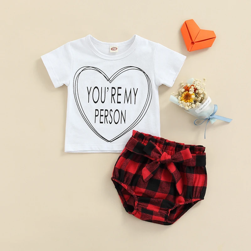 Summer Newborn Toddler Baby Girls Boy Clothes Sets Letter Print Short Sleeve T-shirts Tops Bow Red Plaid Shorts 2pcs Outfits Set