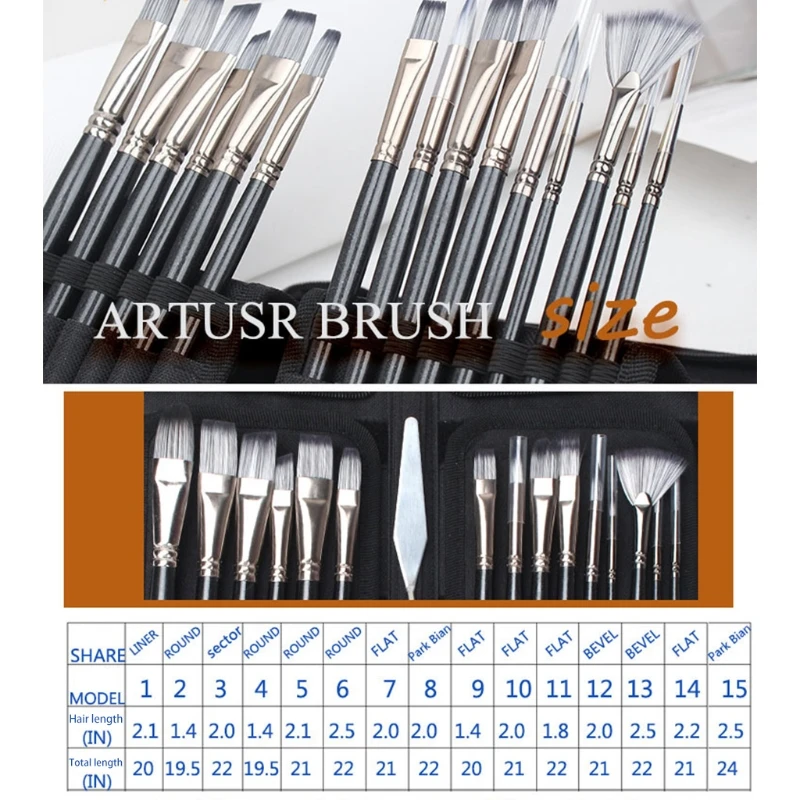 

15 Oil Paintbrush Set Black Zipper Canvas Bag Set with Scraper Sponge with Storage Box Watercolor Acrylic Palette