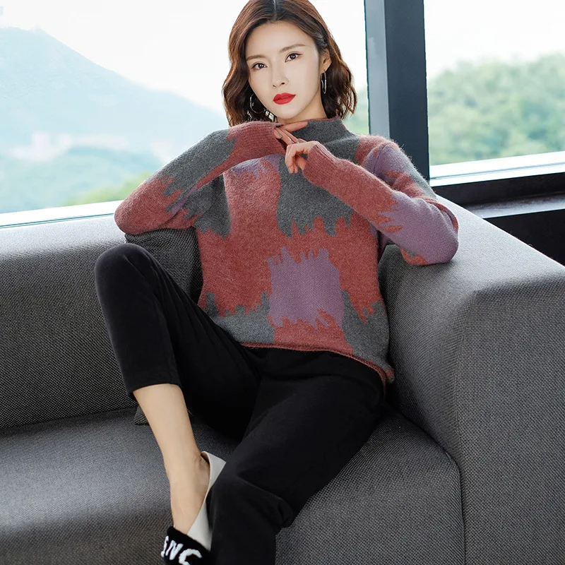 

Fannic 2020 Autumn and Winter Patchwork Knitted Loose Long Sleeve Turtleneck Pullover Sweater Women