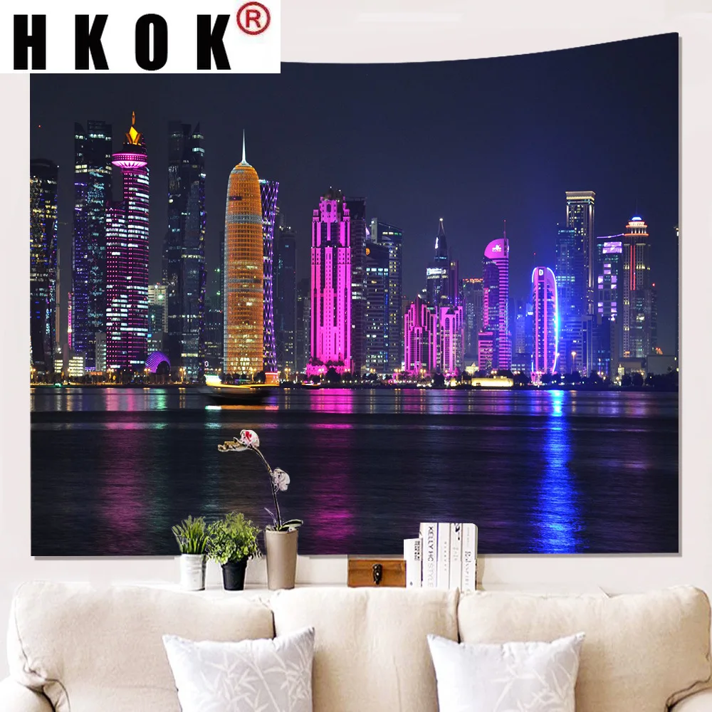 

HKOK Modern City Skyscrapers Lights Tapestry Hanging Covering Rugs Background Cloth Mat Blanket Bedroom Living Home Decor