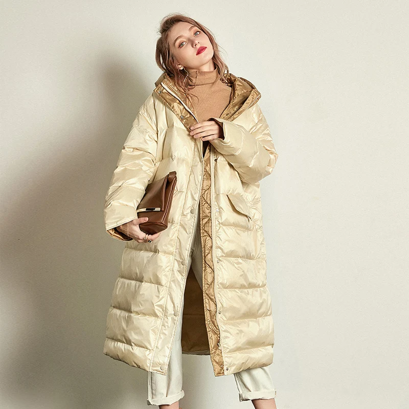 Женская парка на белом утином пуху зимняя утепленная длинная куртка