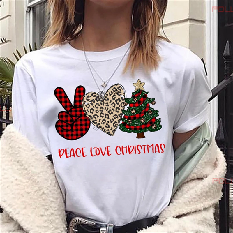 

Peace Love Christmas Tree Graphic Print Women Fashion Christmas Harajuku Short Sleeve T-shirt White Suitable All Seasons T Shirt