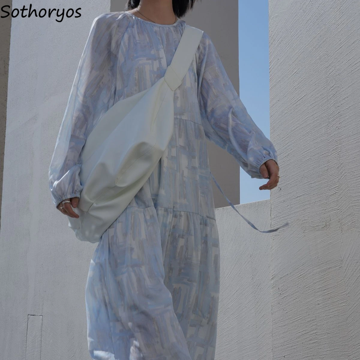 Платье с длинными рукавами О-образным вырезом Новый дизайн для подростков миди