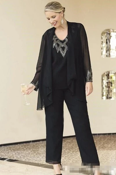 

Black Mother Of The Bride Dresses Sheath V-neck Chiffon Beaded With Jacket Pants Suit Long Groom Mother Dresses For Weddings