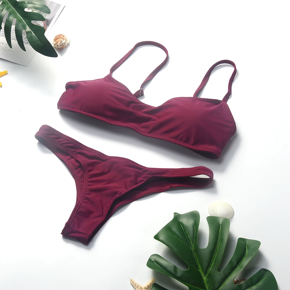 

Women Pure Color Split Swimsuit Bikini Set Swimming Beachwear Sexy Bathing Summer Seaside Bandage Padded Bra No Steel Support