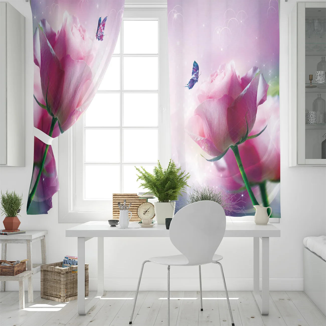 Занавески на окна с бабочкой розовыми цветами для гостиной кухни Современный
