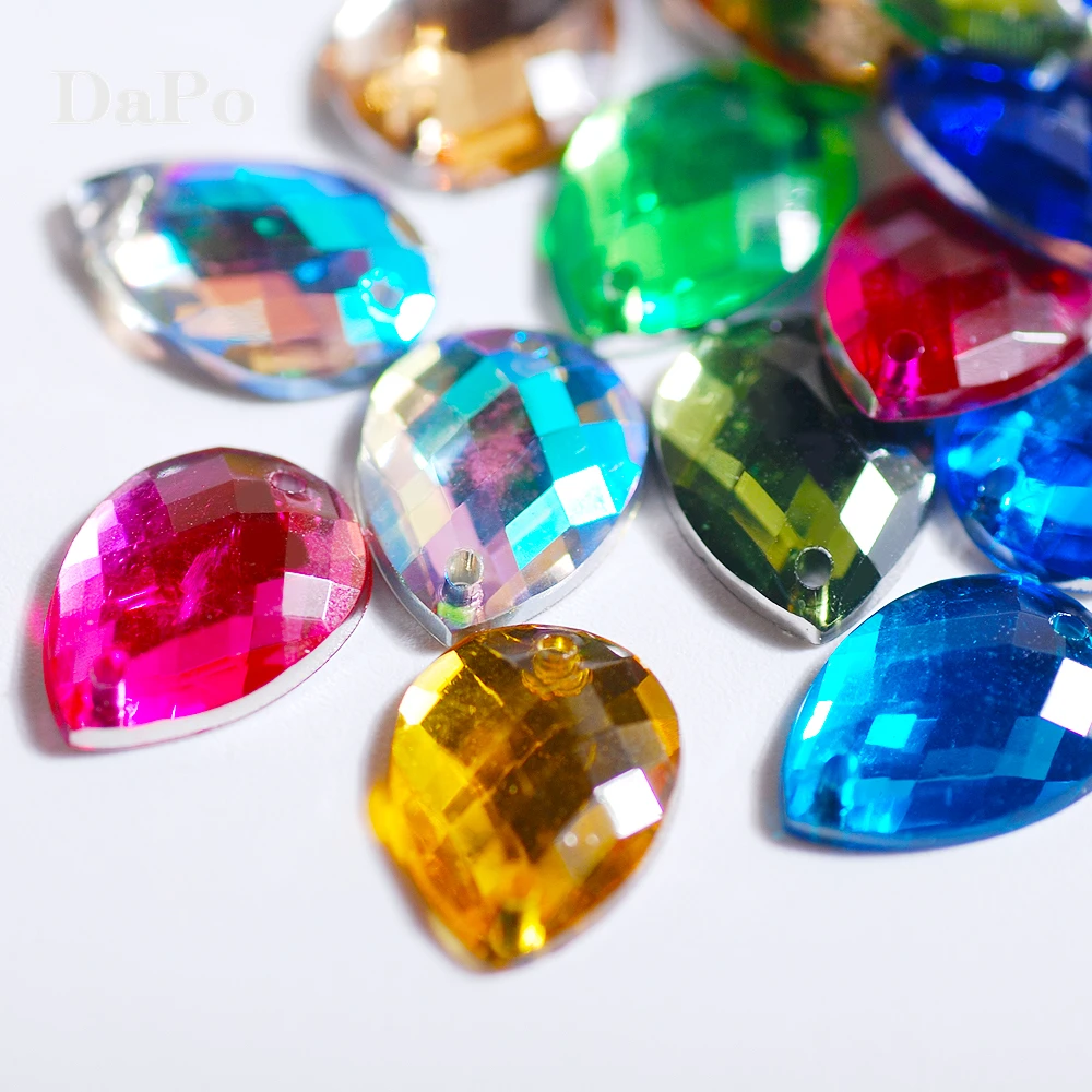 100pcs 10x14mm Teardrop Acrylic Sewing Rhinestones Flatback Two Holes Clear AB color Jewelry Dress DIY Gemstone | Дом и сад