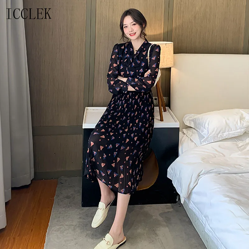 

One-Piece Bowknot Pleated Floral Long Sleeve Chiffon Dress 2021 Spring Autumn New Elegant Ladies Street Dress Midi Dress Female