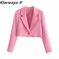 klacwaya women vintage notched collar solid color short slim blazer coat vintage female one button outerwear chic crop tops