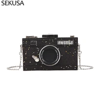 camera design fashion lady evening bags small chain shoulder party female day clutch sequined ziper metal retro holder