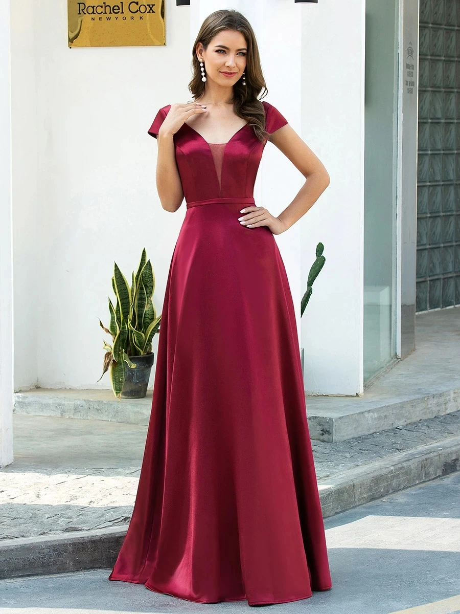 

Double V Neck Satin Short Sleeves Prom Dress