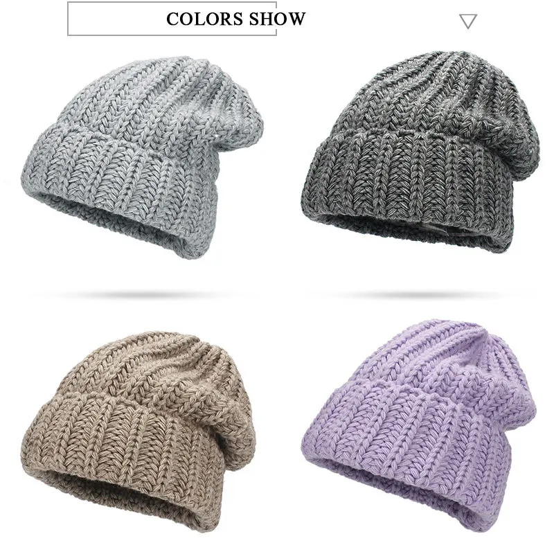 Leisure Fashion The New Hat For Women's Autumn Winter Hats Increase Big Beanie Knit Wool Set Head Hat Acrylic Thick Line Caps
