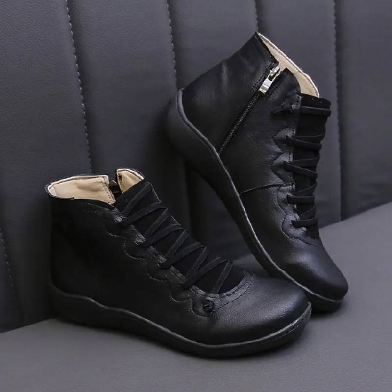 

Dacomfy Retro Women Ankle Boots PU Leather Shoes Comfortable Women's Flat Shoes Ladies Winter Boots Handmade Vintage Botas Mujer