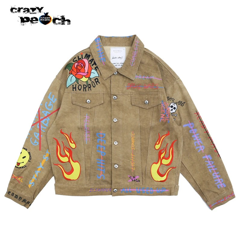 

Джинсовая куртка в стиле хип-хоп цвета хаки, Повседневная Свободная куртка из денима с принтом черепа и пламени, уличная одежда с вышивкой в ...