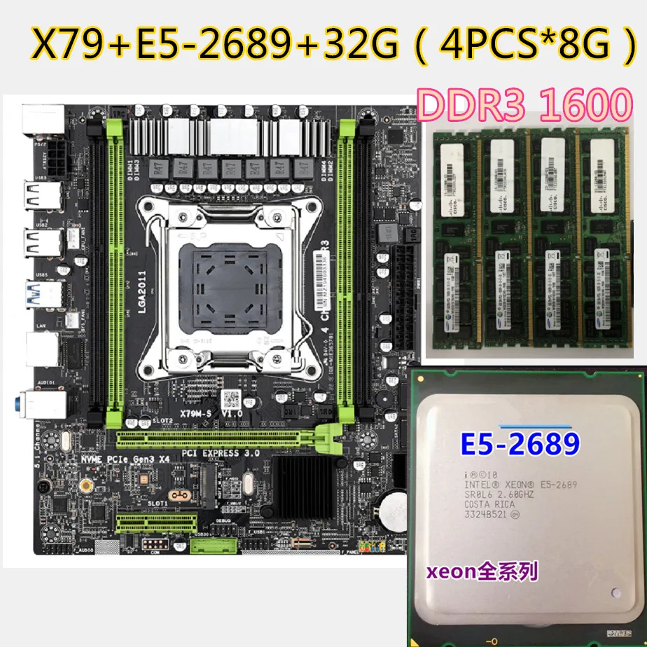 Чипсет JSFFFL X79 Placa base con LGA2011 combos Xeon E5 2689 CPU 4 Uds x 8 ГБ = 32 Гб de memoria DDR3 ECC|Материнские