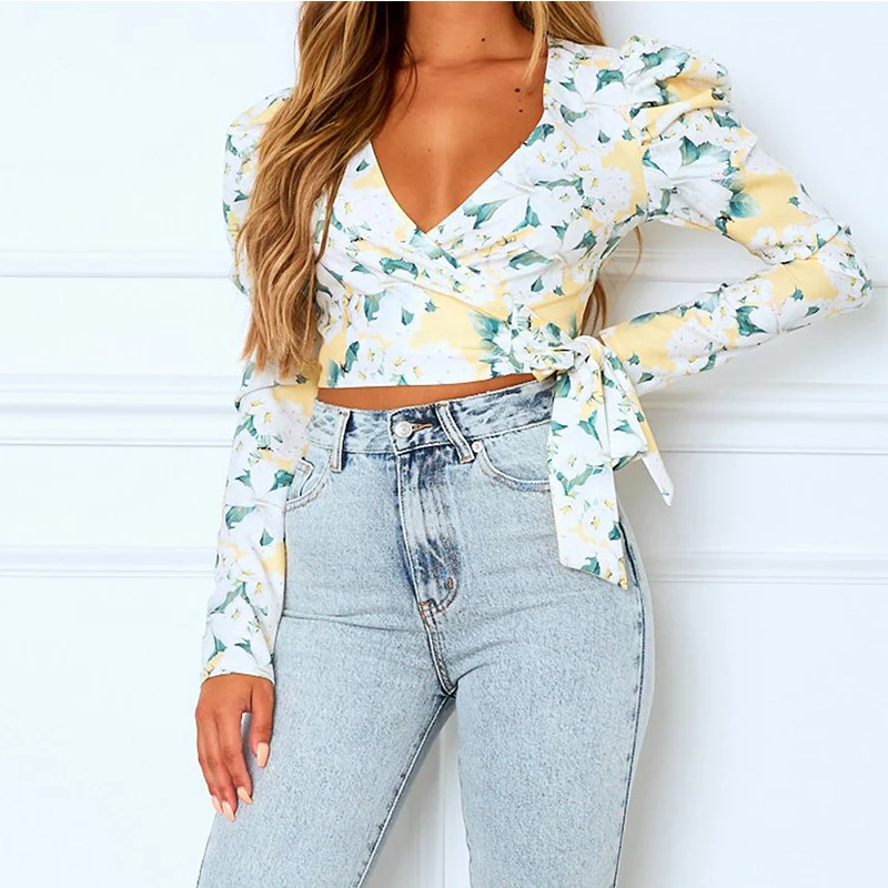 

Vintage Women Top Casual T-Shirt French Printed Bow Puff Long Sleeve Top Tee Fashion Sexy V Neck Short Women T-Shirt