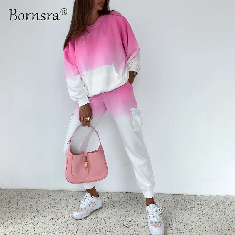 

Bornsra 2021women Suit Tie-dye Gradient Loose Blouse with Waistband Casual Pants Suit