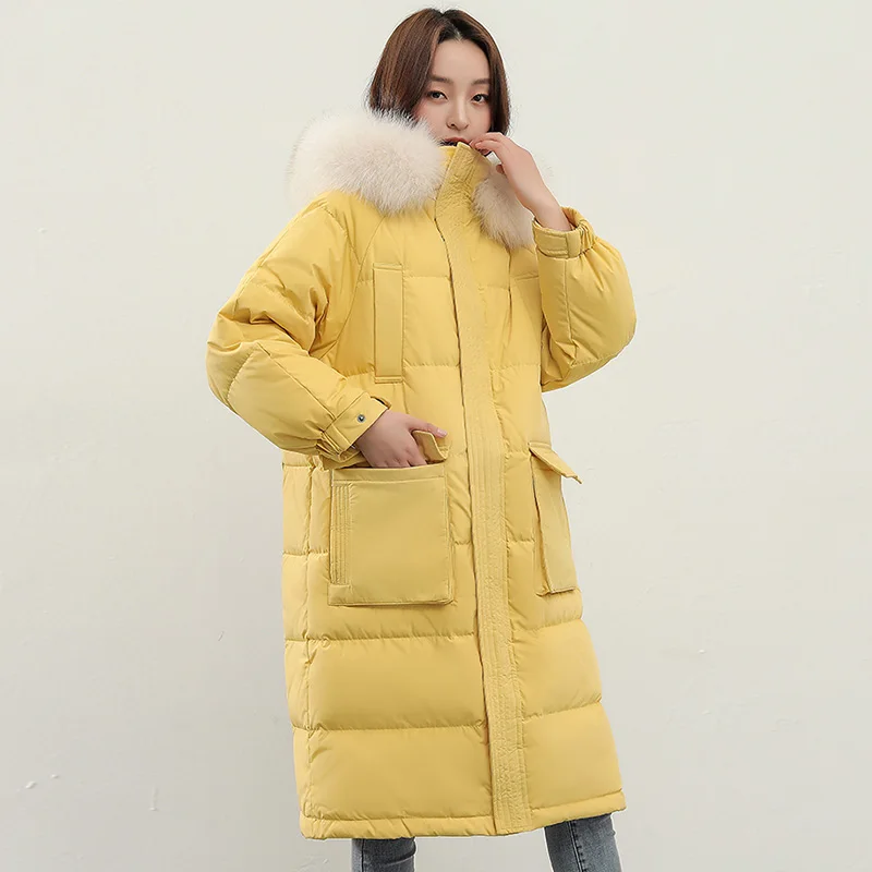 Big Real Fox Fur 2021 New Winter Women Thick Warm Loose Hooded Long Down Parkas 90% White Duck Jacket Windproof Female Coat | Женская