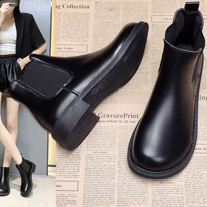 

Ботинки Челси женские ботильоны в британском стиле ботинки для девочек с круглым носком зимняя обувь женские черные ботинки на плоской под...