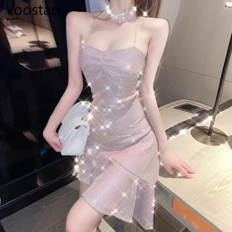 

Summer Women Sweet Fairy Spaghetti Strap Backless Mermaid Dress Sexy Party Club Elegant Bling Bling Party Trumpet Mini Dresses