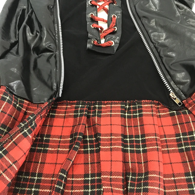 plus size women cosplay sexy cutout tights role costumes hot pu leather lingerie disfraces sexy outfit plaid skirt