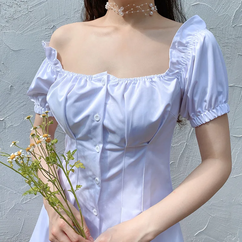 

SWEETKAMA New Women's Puff Sleeve Retro Backless Dress Solid Color Temperament Wild Sexy Word Shoulder Shirt Dresses Female